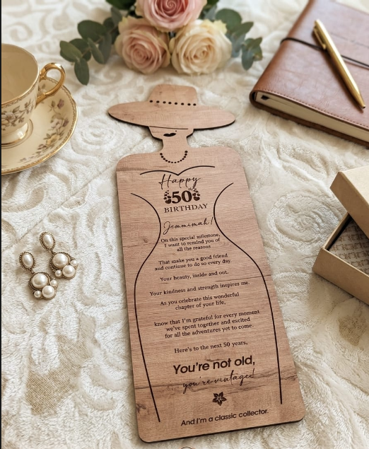 50th Birthday milestone laser-cut card, vintage dress silhouette