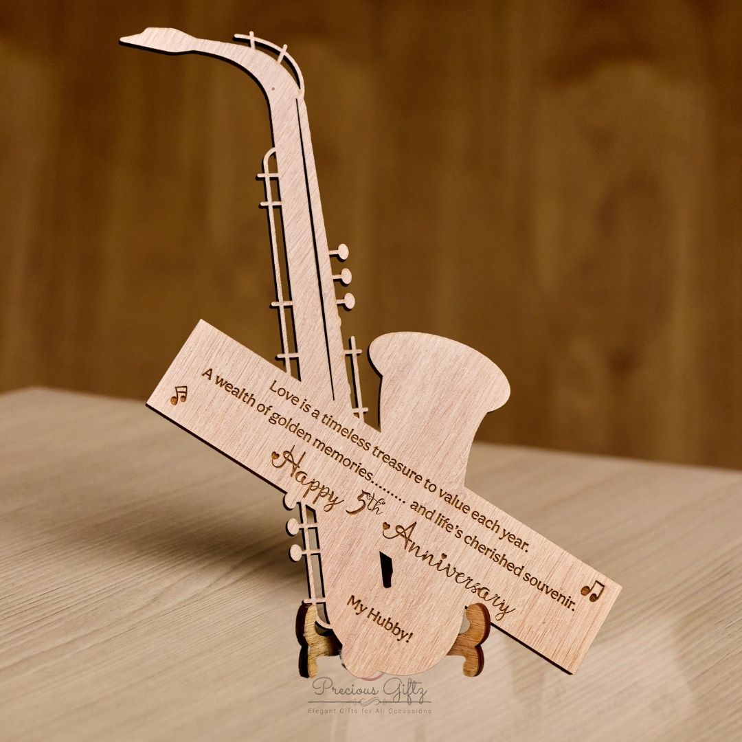 Saxophone-shaped laser-cut wooden anniversary card