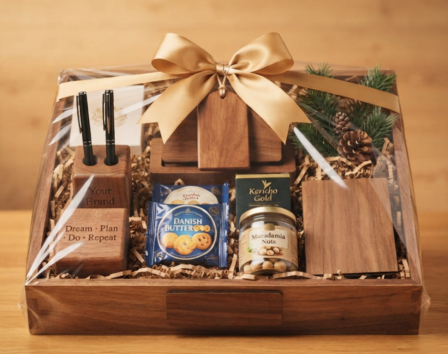 Wooden desk essentials hamper with pen holder, cookies, macadamia nuts and gold ribbon