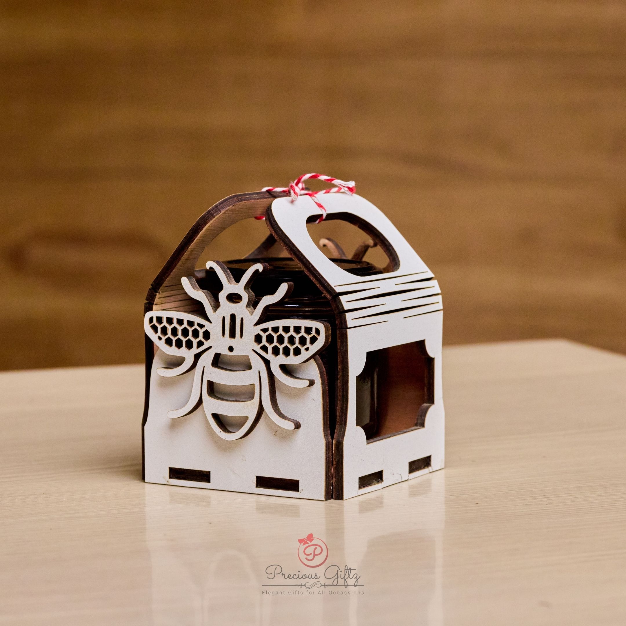 Precious Giftz honey jar wooden gift box with bee cutout