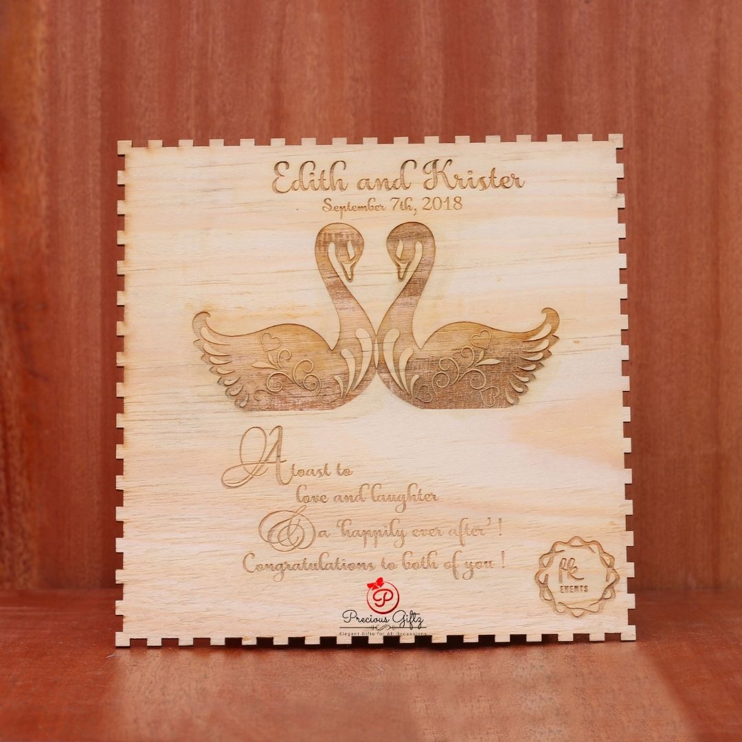 Precious Giftz engraved wooden wedding plaque box with swans