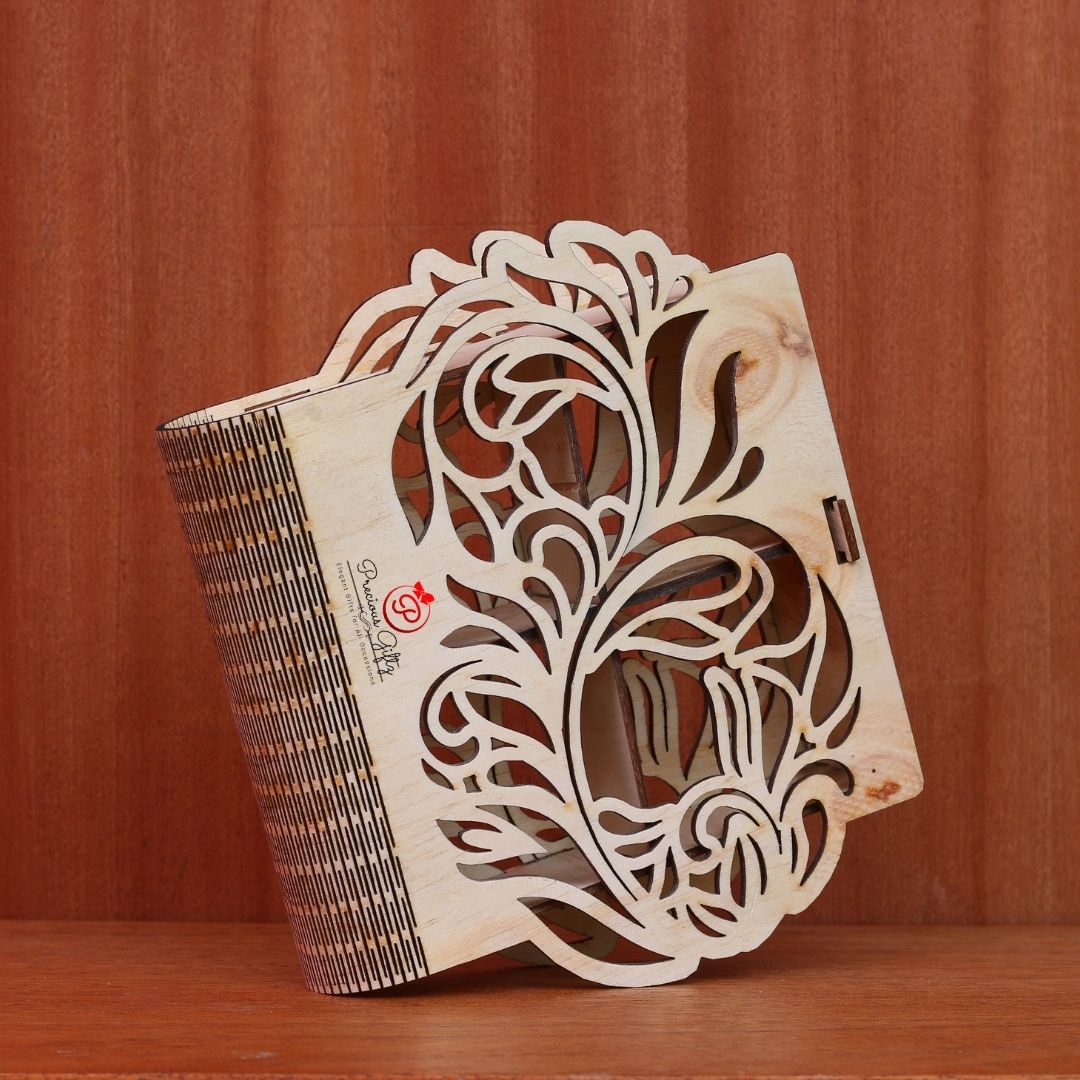 Precious Giftz laser-cut wooden box with rose swirl cutout design