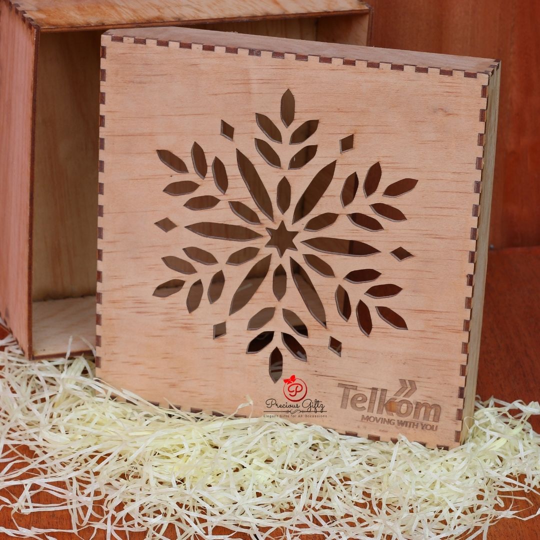 Precious Giftz laser-cut wooden box with snowflake cutout, Telkom branding