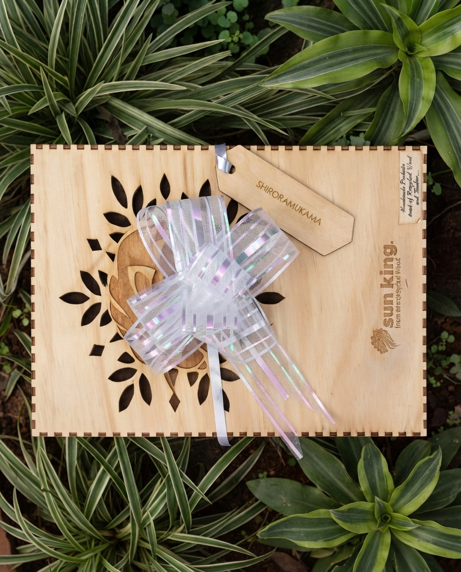 Sun King branded wooden gift box with ribbon and engraved lion logo