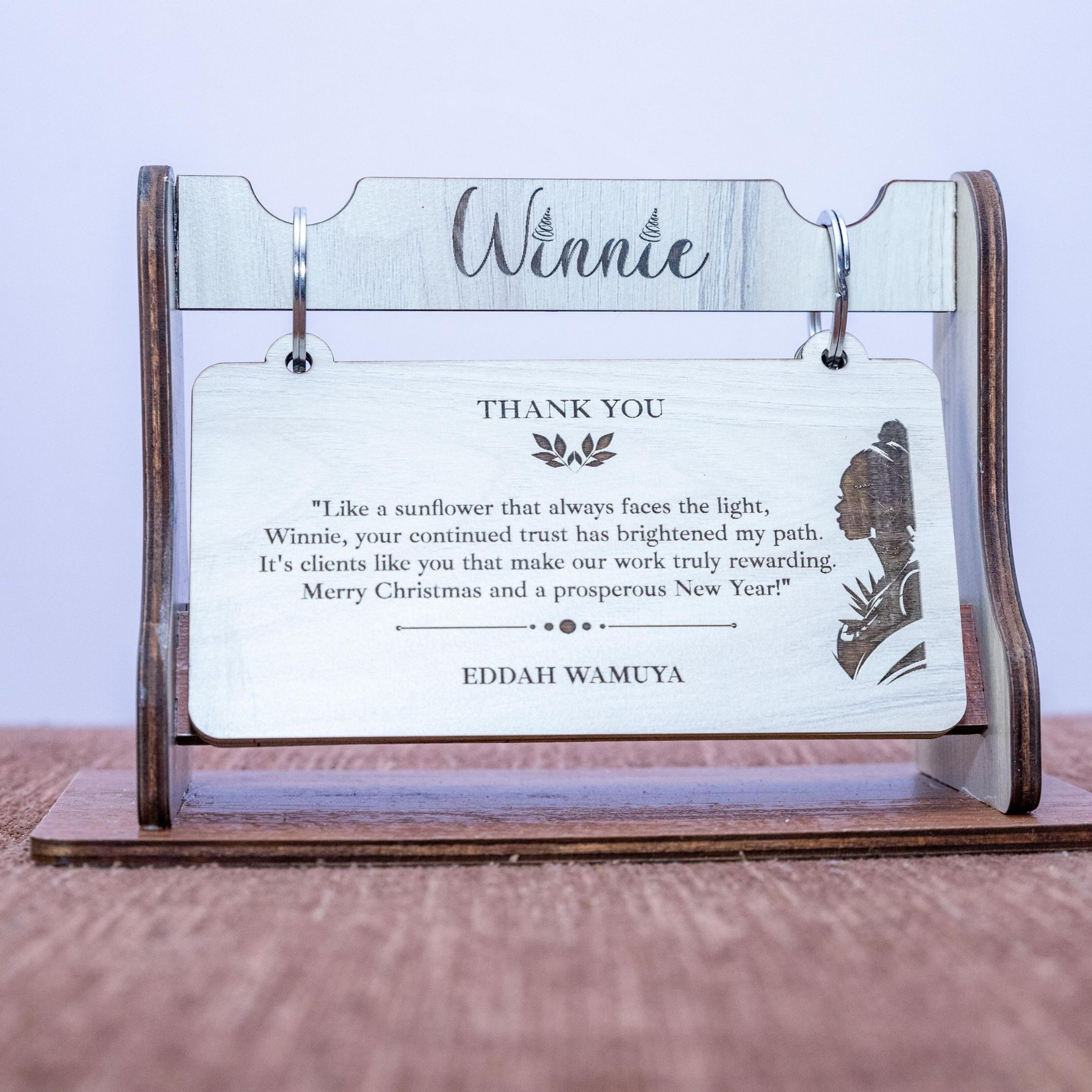 Personalised appreciation flip desk gift with client name, Winnie